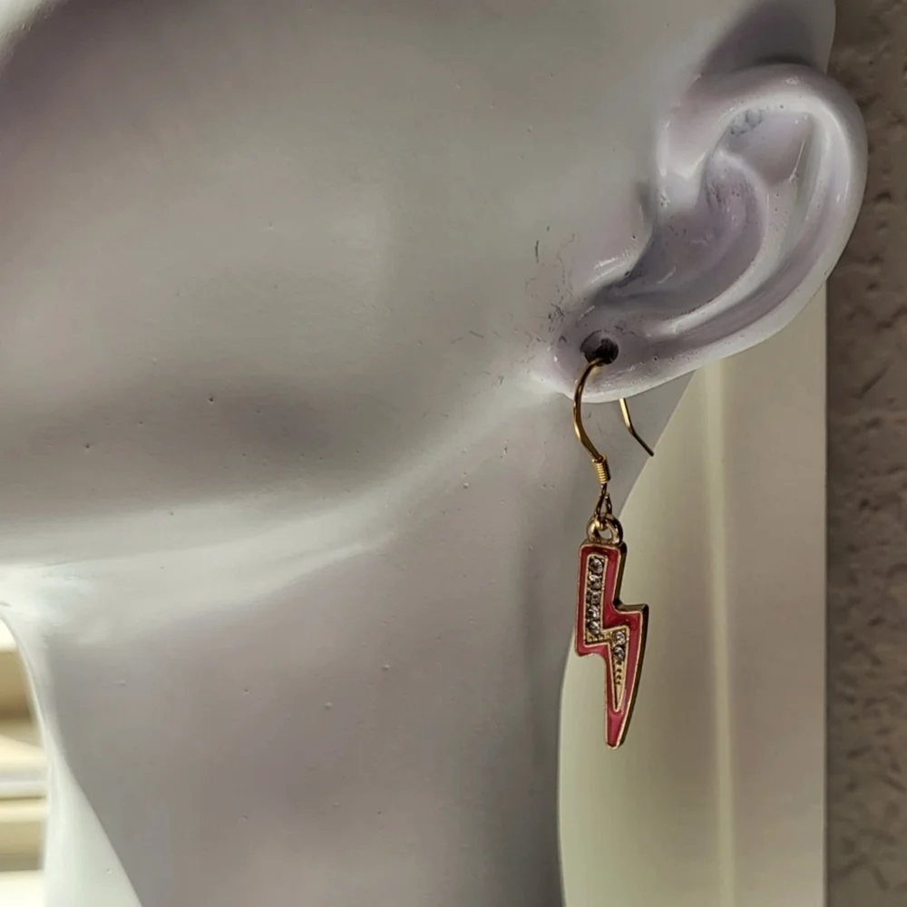 Hot Pink and Rhinestone Lightning Bolt Statement Dangle Earrings / Pierced